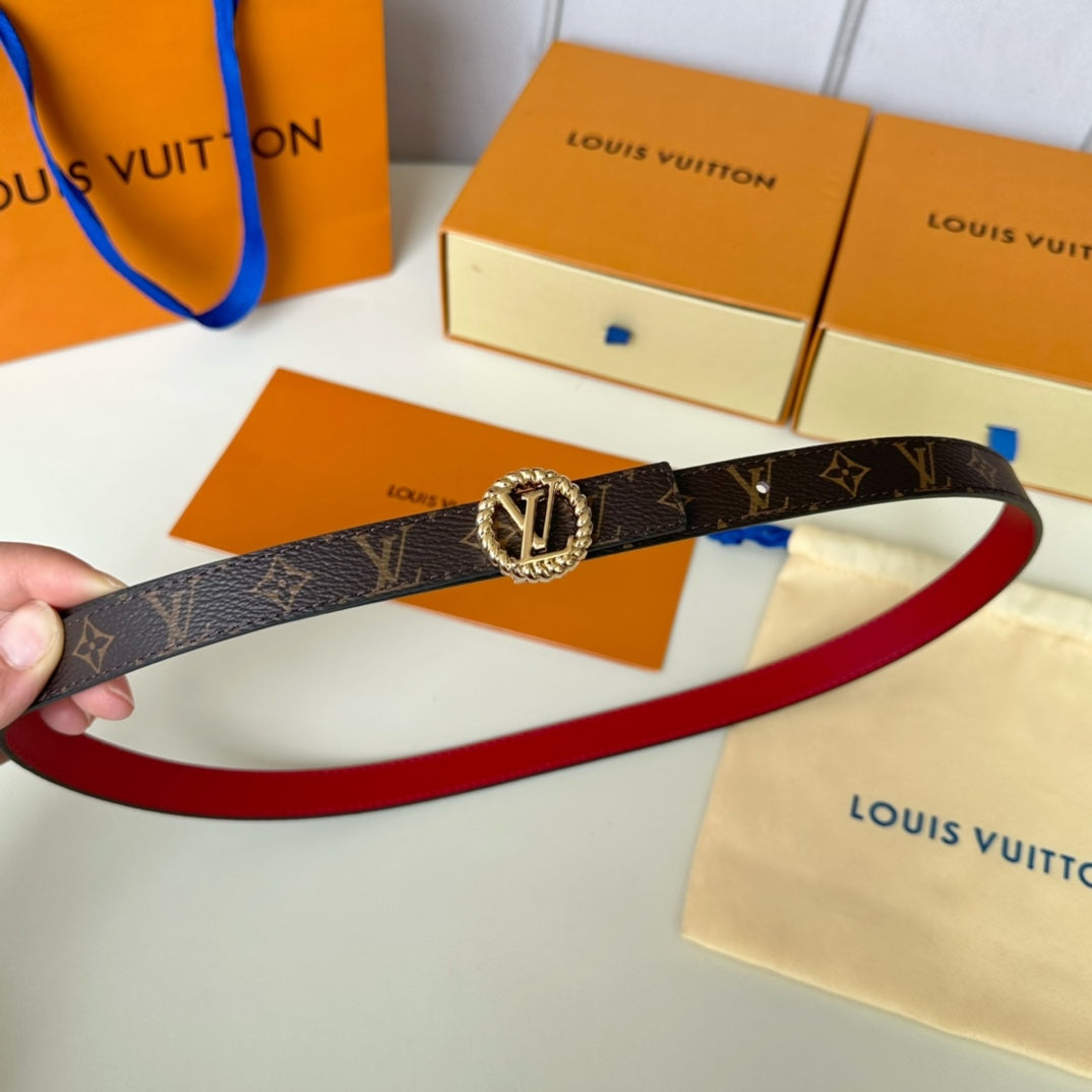 LV Circle Nautical 20mm Reversible Belt Gold Buckle Red Brown Lambskin - 30
