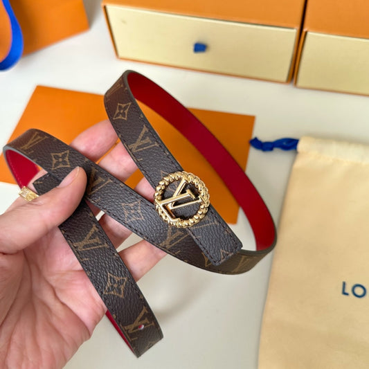 LV Circle Nautical 20mm Reversible Belt Gold Buckle Red Brown Lambskin - 30