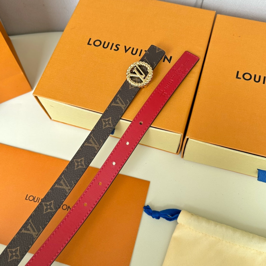 LV Circle Nautical 20mm Reversible Belt Gold Buckle Red Brown Lambskin - 30