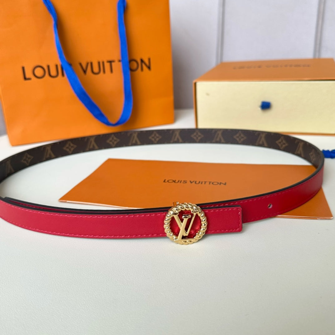 LV Circle Nautical 20mm Reversible Belt Gold Buckle Red Brown Lambskin - 30