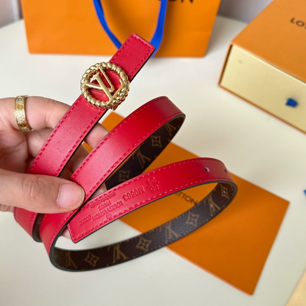 LV Circle Nautical 20mm Reversible Belt Gold Buckle Red Brown Lambskin - 30