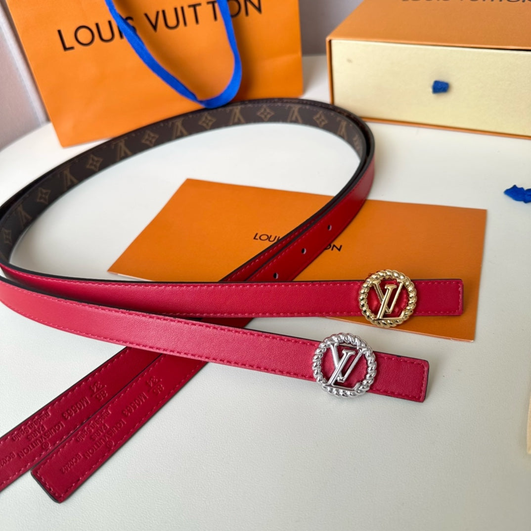LV Circle Nautical 20mm Reversible Belt Silver Buckle Red Brown Lambskin - 30