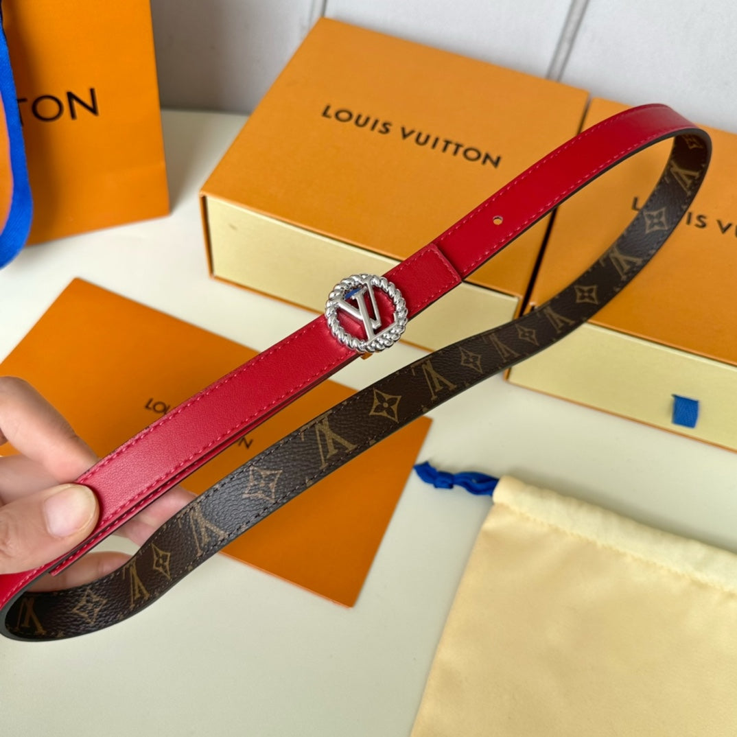LV Circle Nautical 20mm Reversible Belt Silver Buckle Red Brown Lambskin - 30