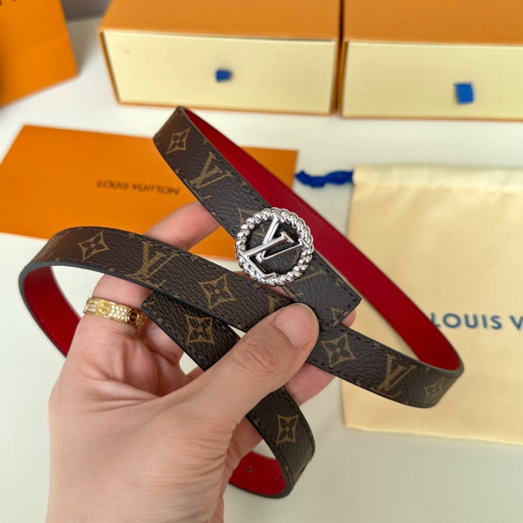 LV Circle Nautical 20mm Reversible Belt Silver Buckle Red Brown Lambskin - 30