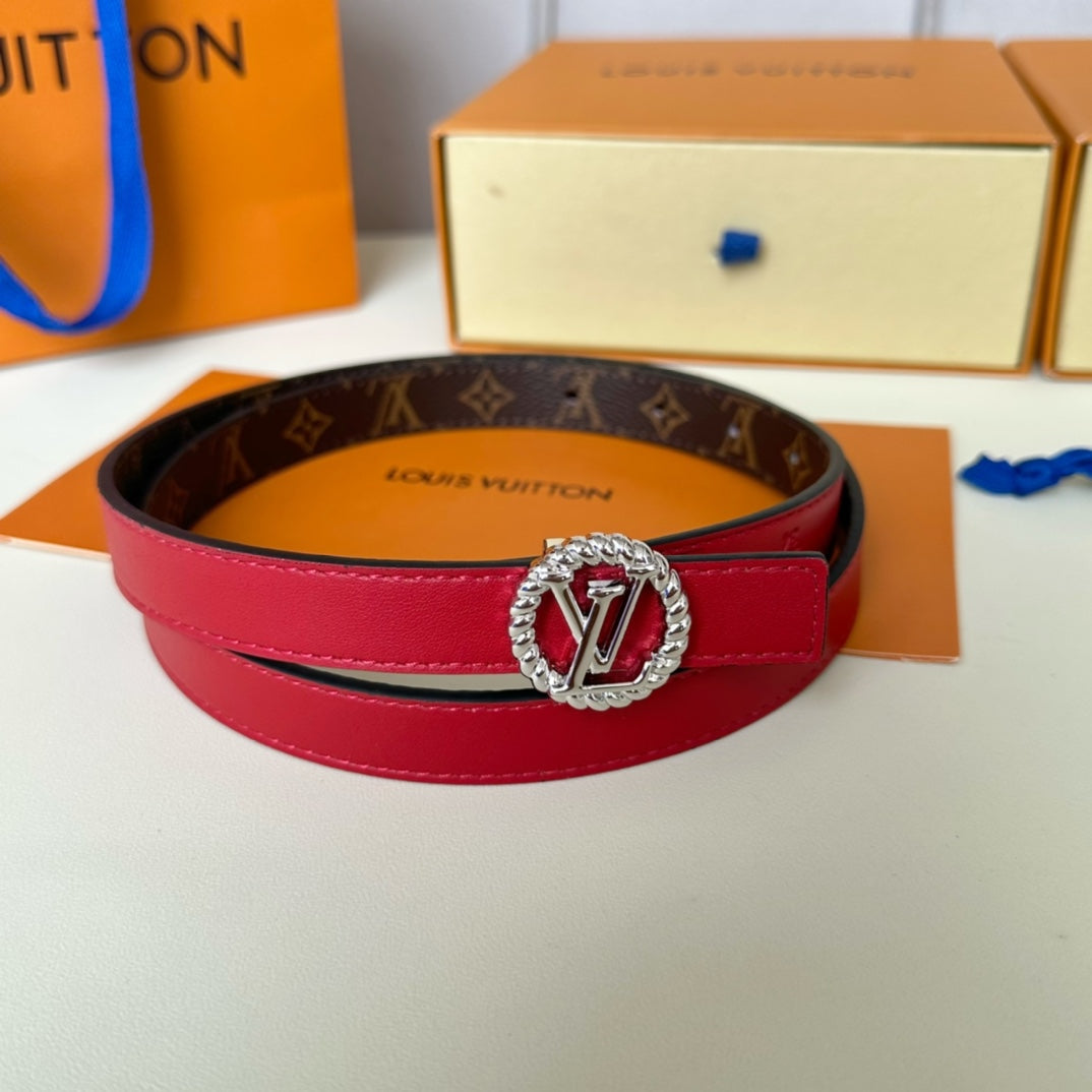 LV Circle Nautical 20mm Reversible Belt Silver Buckle Red Brown Lambskin - 30