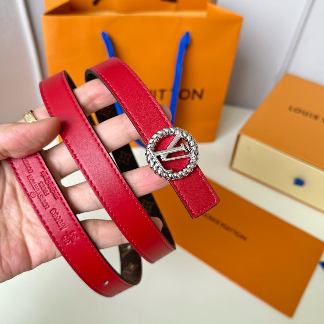 LV Circle Nautical 20mm Reversible Belt Silver Buckle Red Brown Lambskin - 30