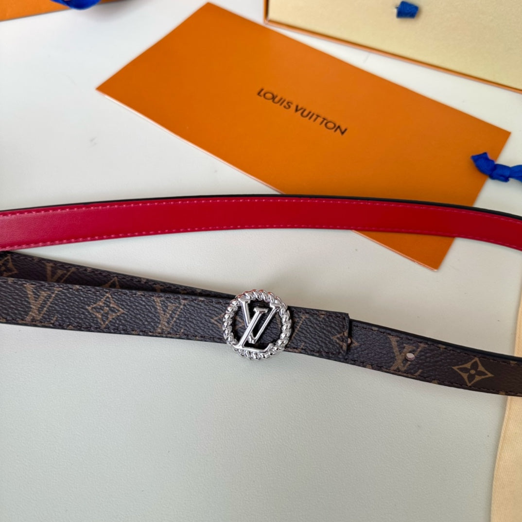 LV Circle Nautical 20mm Reversible Belt Silver Buckle Red Brown Lambskin - 30
