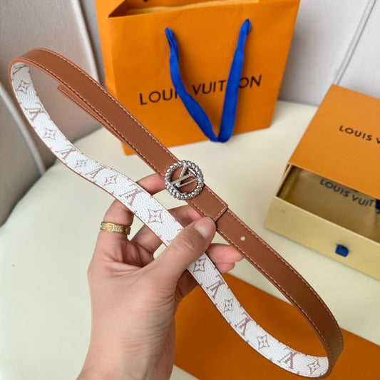 LV Circle Nautical 20mm Reversible Square End Tip Belt Silver Buckle Tan White lambskin - 30