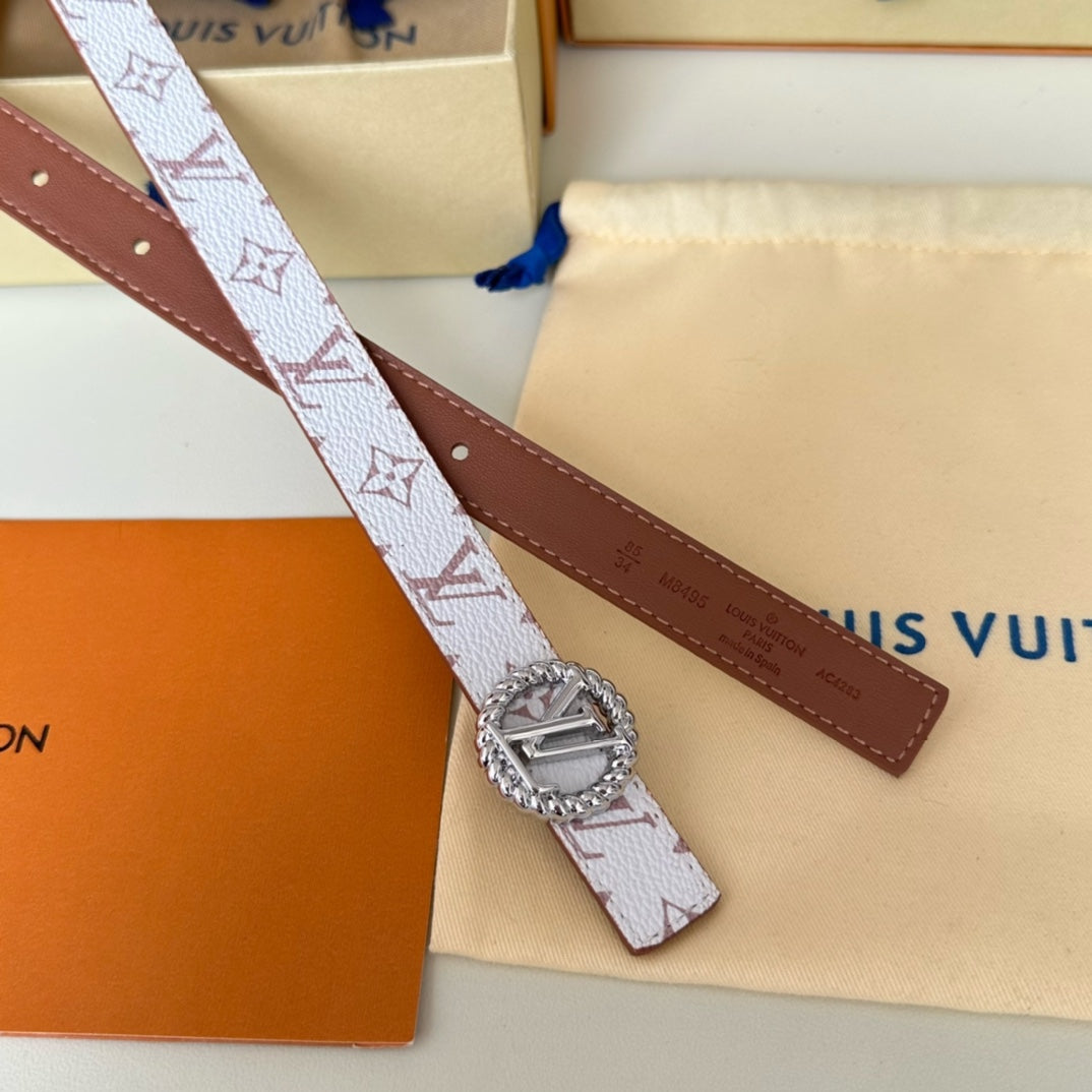 LV Circle Nautical 20mm Reversible Square End Tip Belt Silver Buckle Tan White lambskin - 30