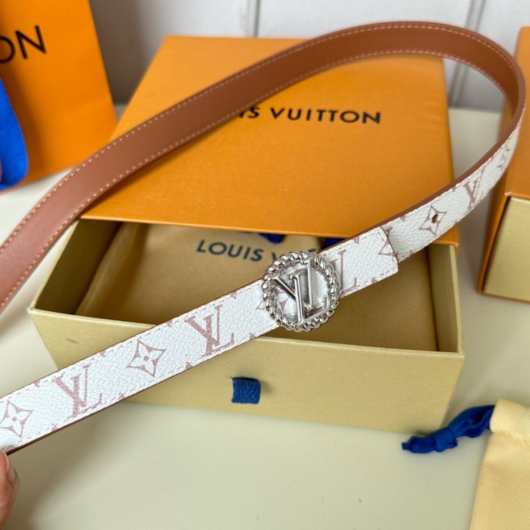 LV Circle Nautical 20mm Reversible Square End Tip Belt Silver Buckle Tan White lambskin - 30