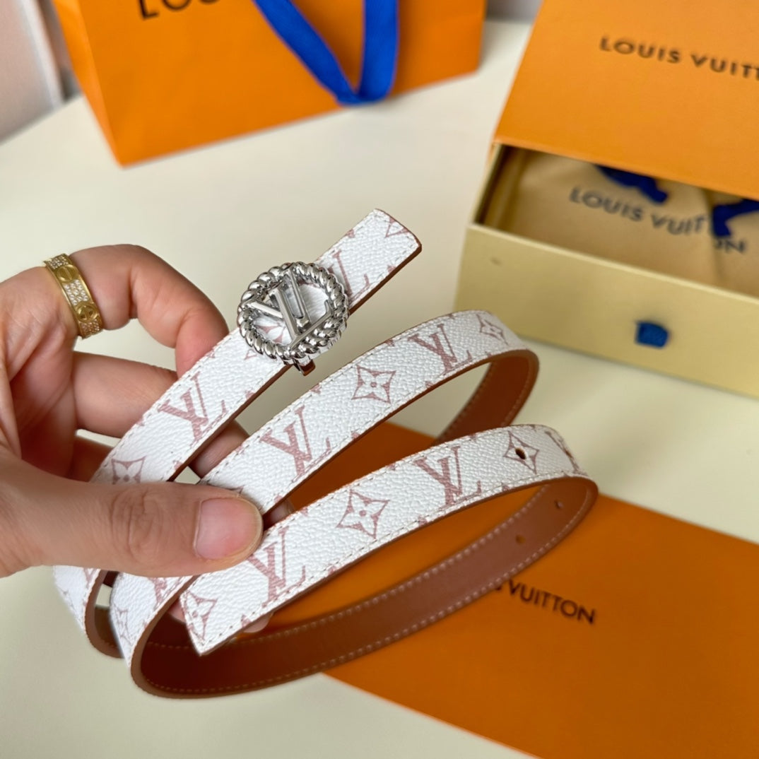 LV Circle Nautical 20mm Reversible Square End Tip Belt Silver Buckle Tan White lambskin - 30