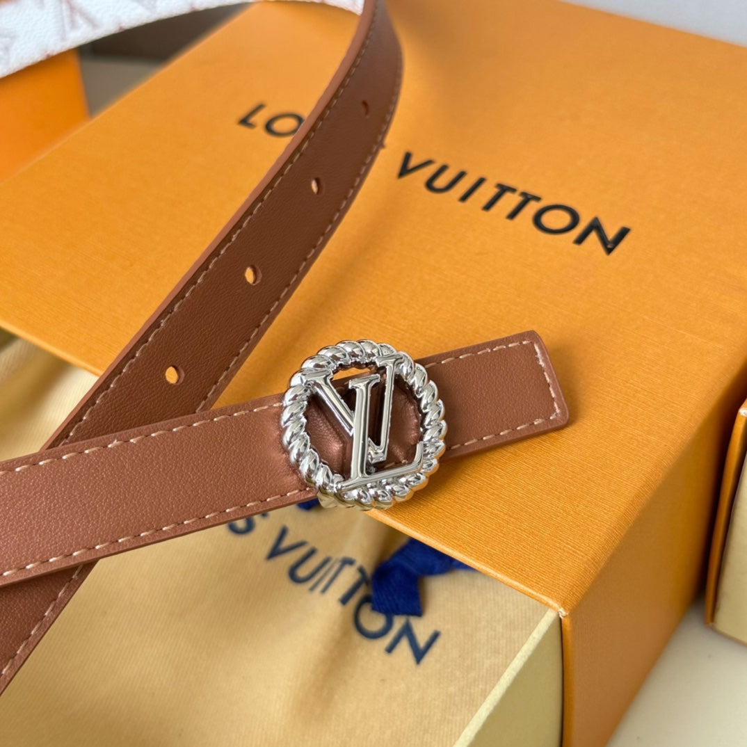LV Circle Nautical 20mm Reversible Square End Tip Belt Silver Buckle Tan White lambskin - 30