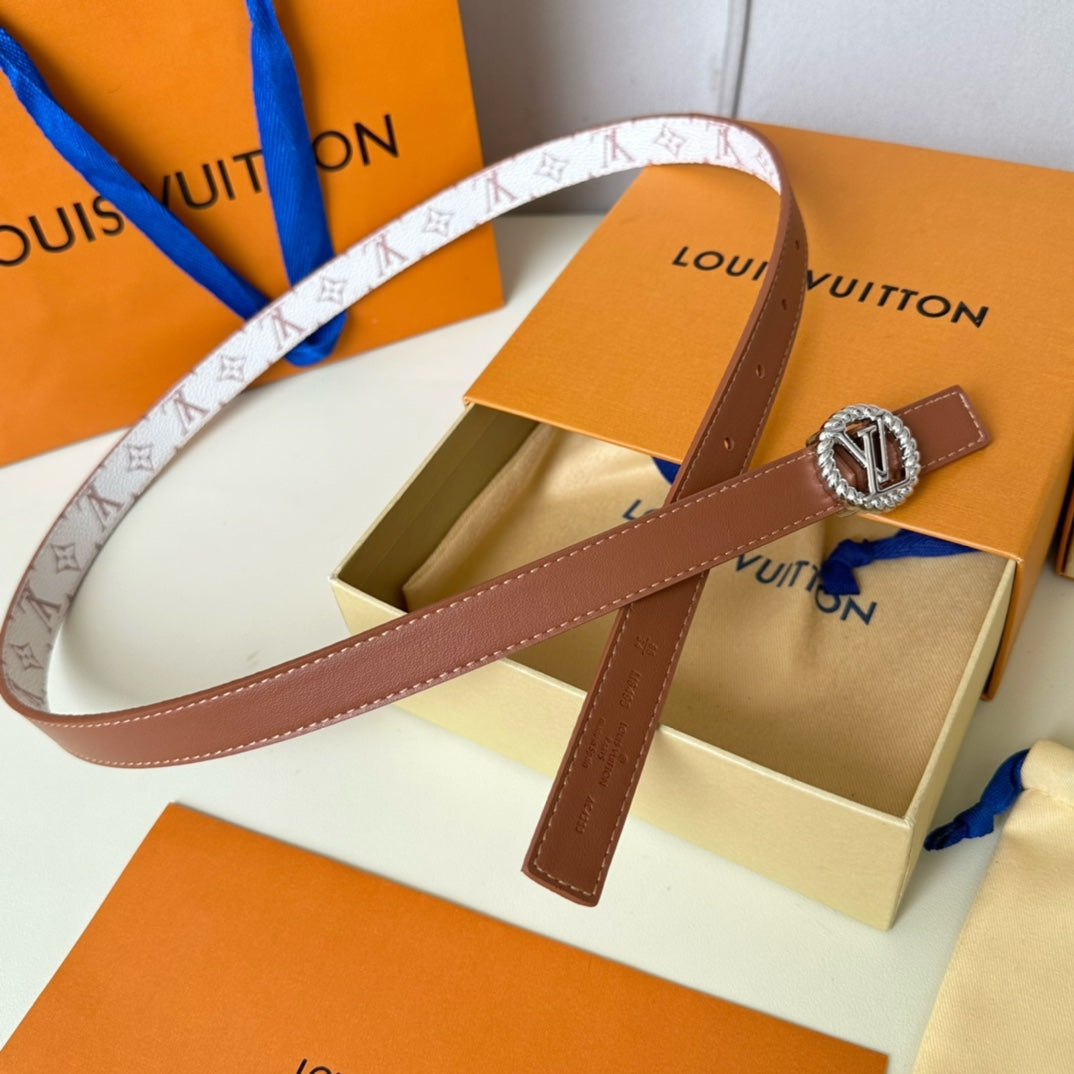 LV Circle Nautical 20mm Reversible Square End Tip Belt Silver Buckle Tan White lambskin - 30
