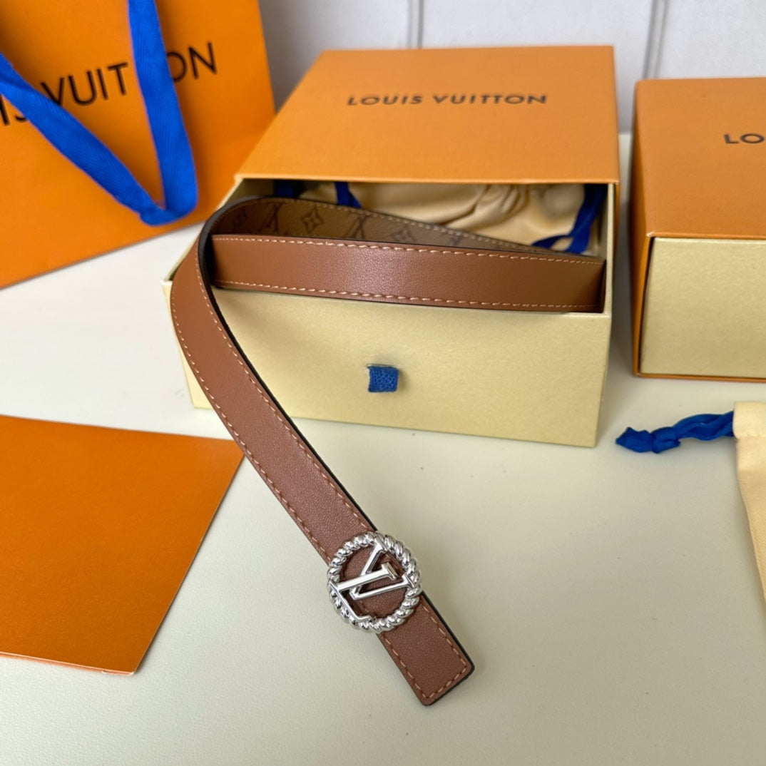LV Circle Nautical 20mm Reversible Square End Tip Belt Silver Buckle Tan Light Brown lambskin - 30
