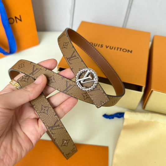 LV Circle Nautical 20mm Reversible Square End Tip Belt Silver Buckle Tan Light Brown lambskin - 30