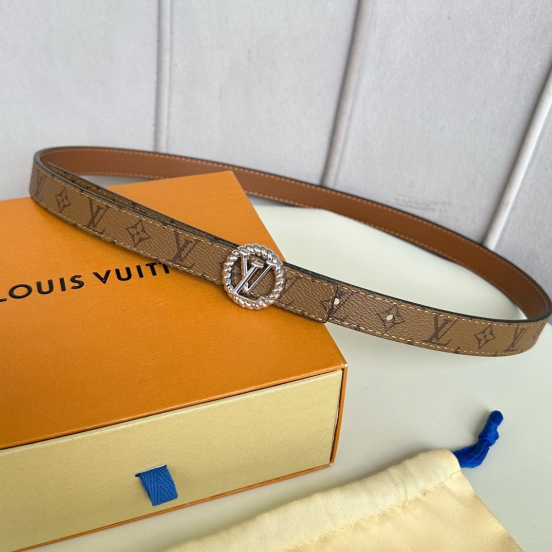 LV Circle Nautical 20mm Reversible Square End Tip Belt Silver Buckle Tan Light Brown lambskin - 30