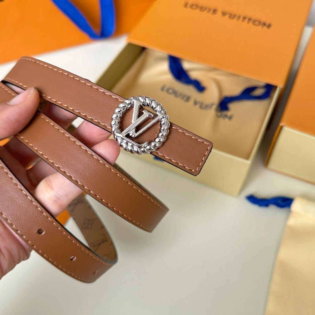 LV Circle Nautical 20mm Reversible Square End Tip Belt Silver Buckle Tan Light Brown lambskin - 30