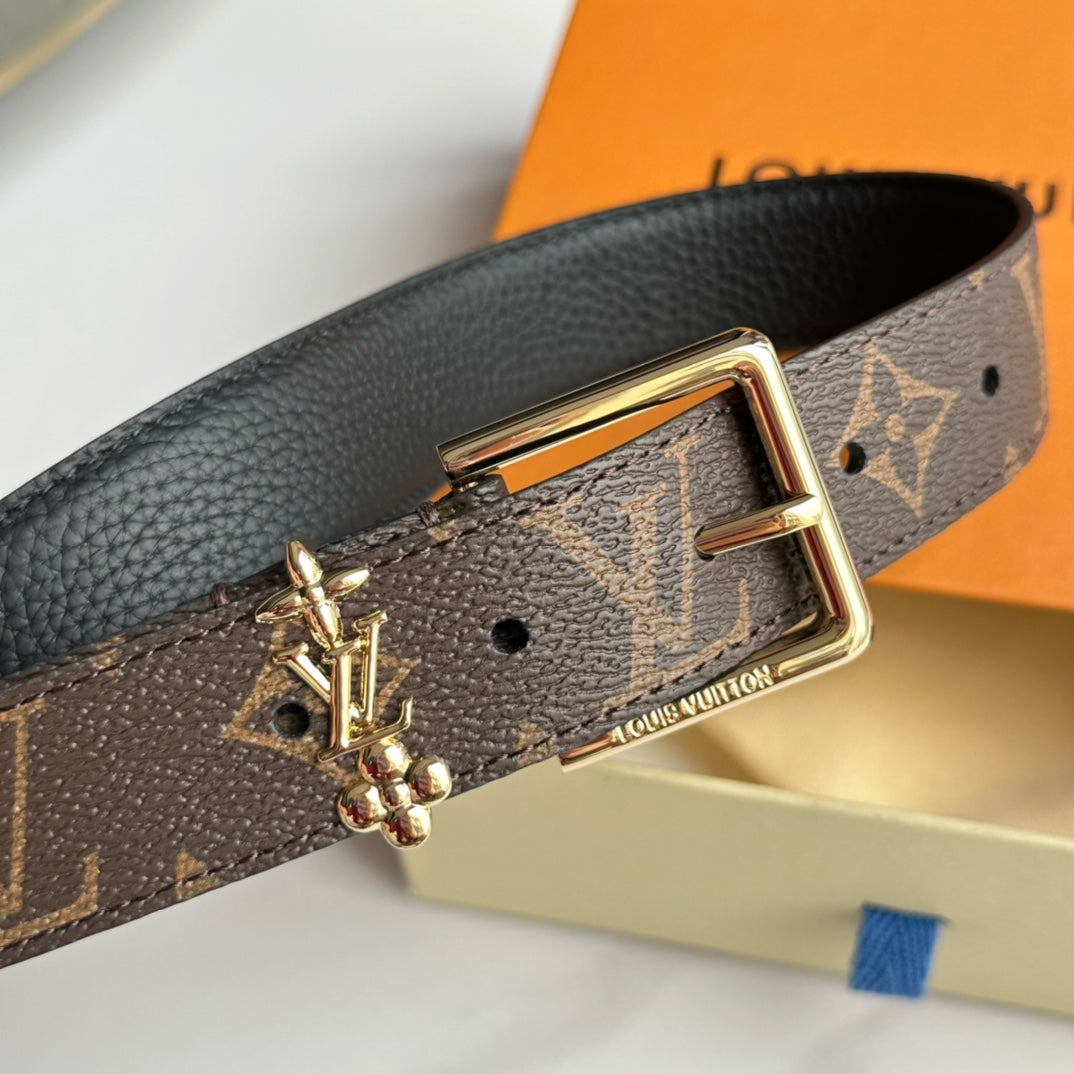 LV Bloom 30mm Belt Gold Buckle Black Brown Leather - 30