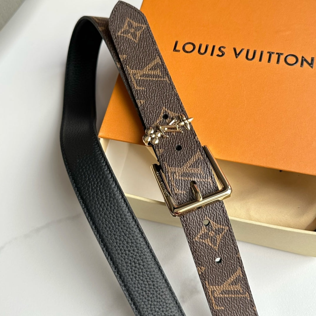 LV Bloom 30mm Belt Gold Buckle Black Brown Leather - 30