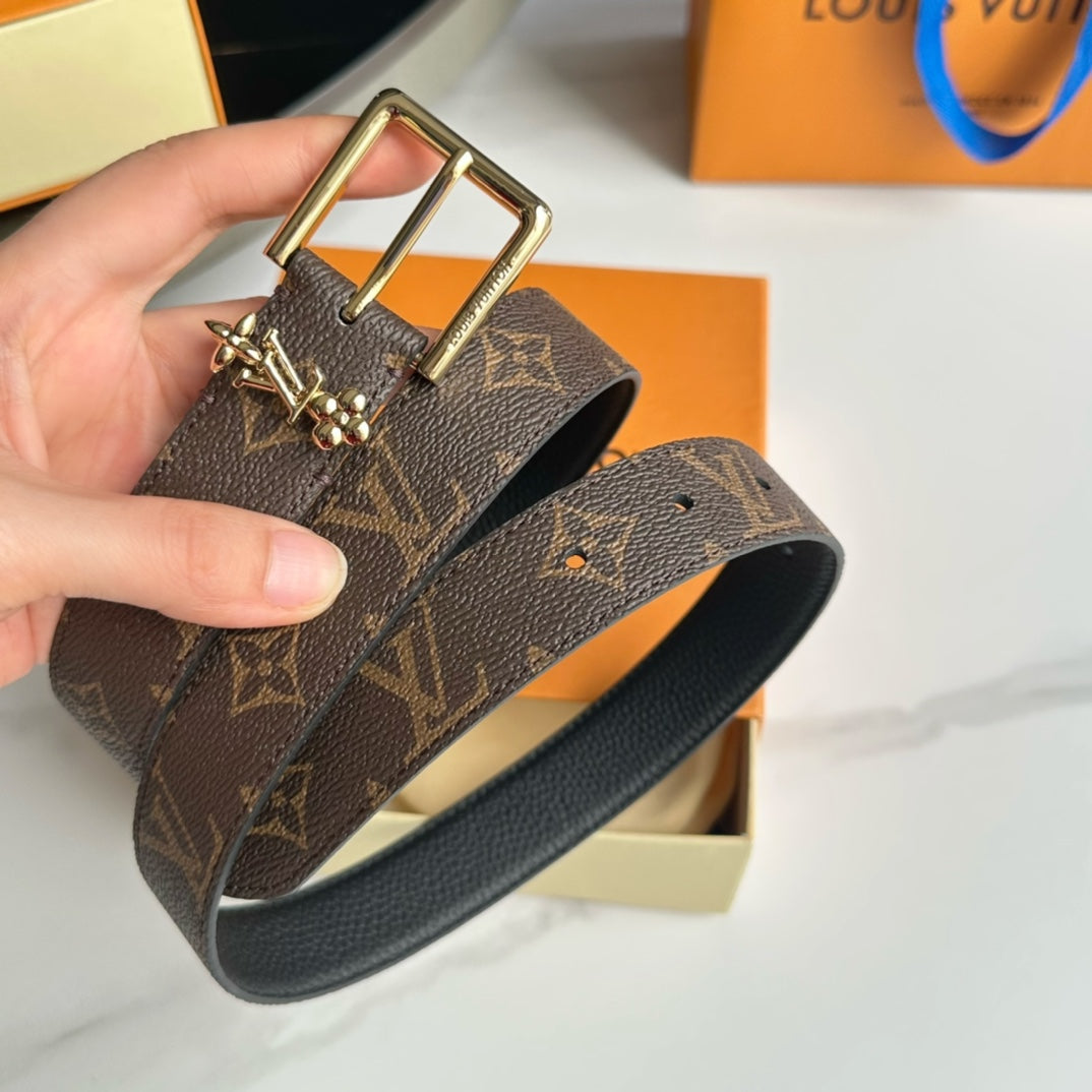 LV Bloom 30mm Belt Gold Buckle Black Brown Leather - 30