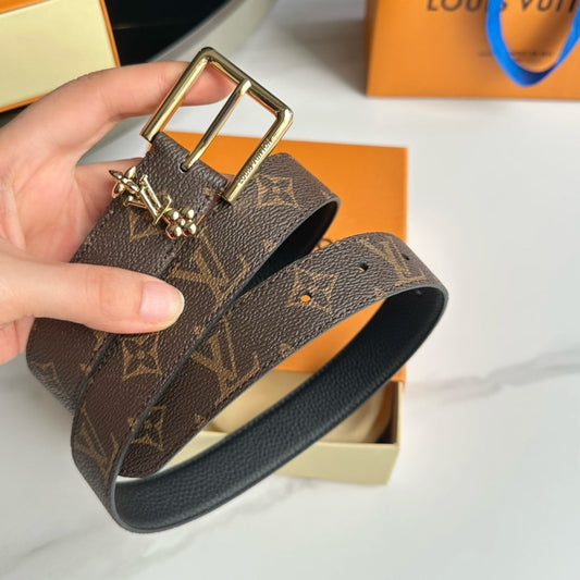 LV Bloom 30mm Belt Gold Buckle Black Brown Leather - 30