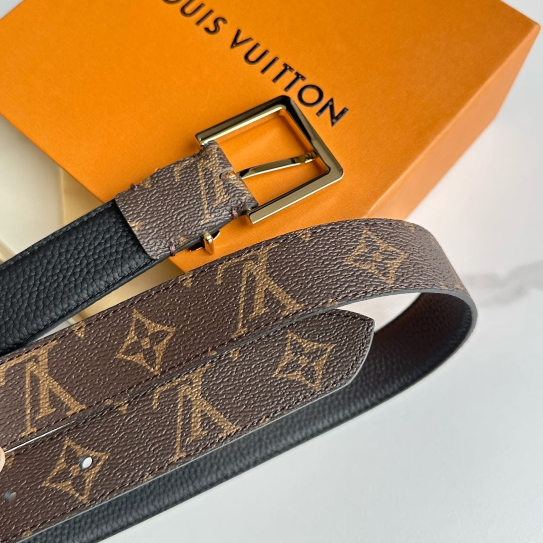 LV Bloom 30mm Belt Gold Buckle Black Brown Leather - 30