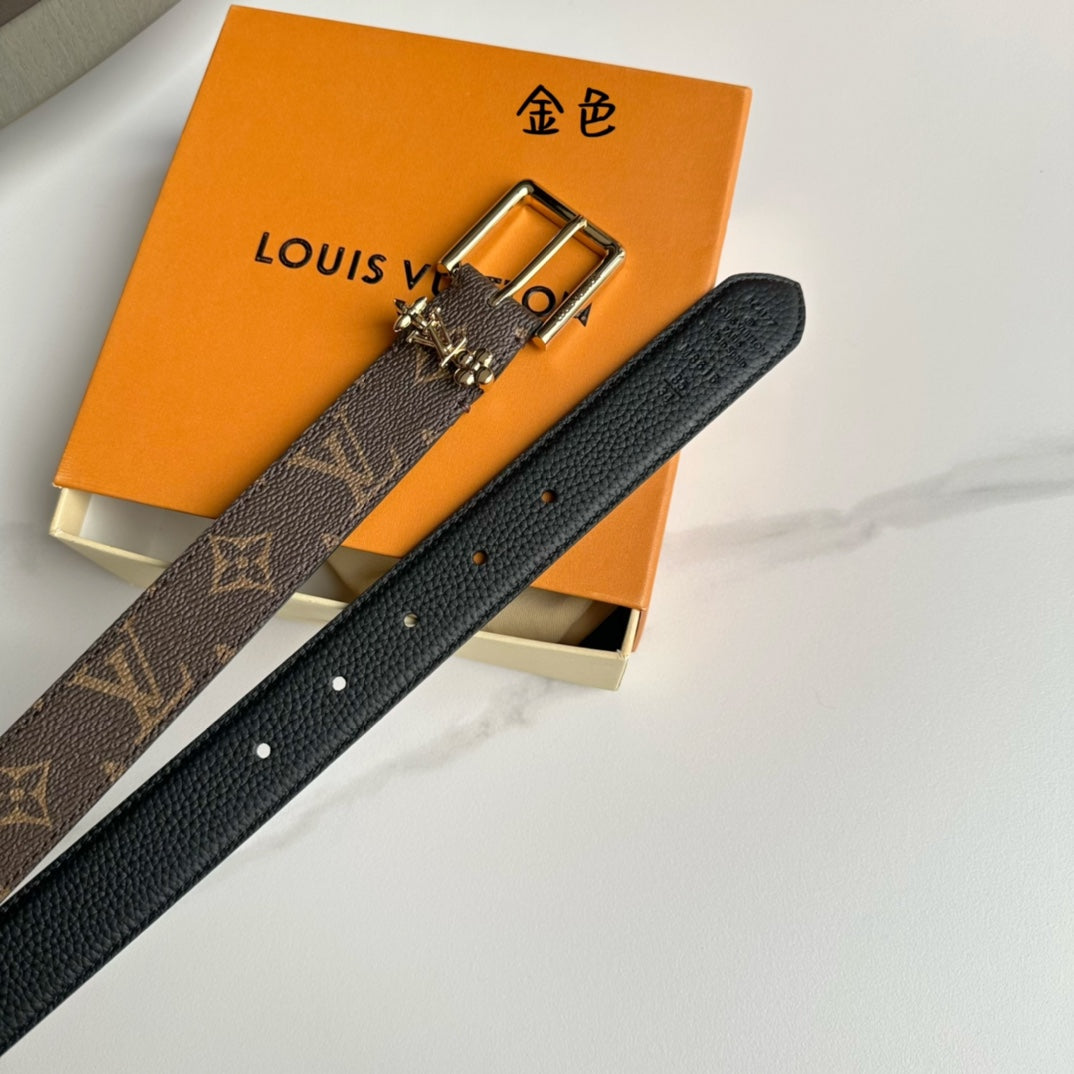 LV Bloom 30mm Belt Gold Buckle Black Brown Leather - 30