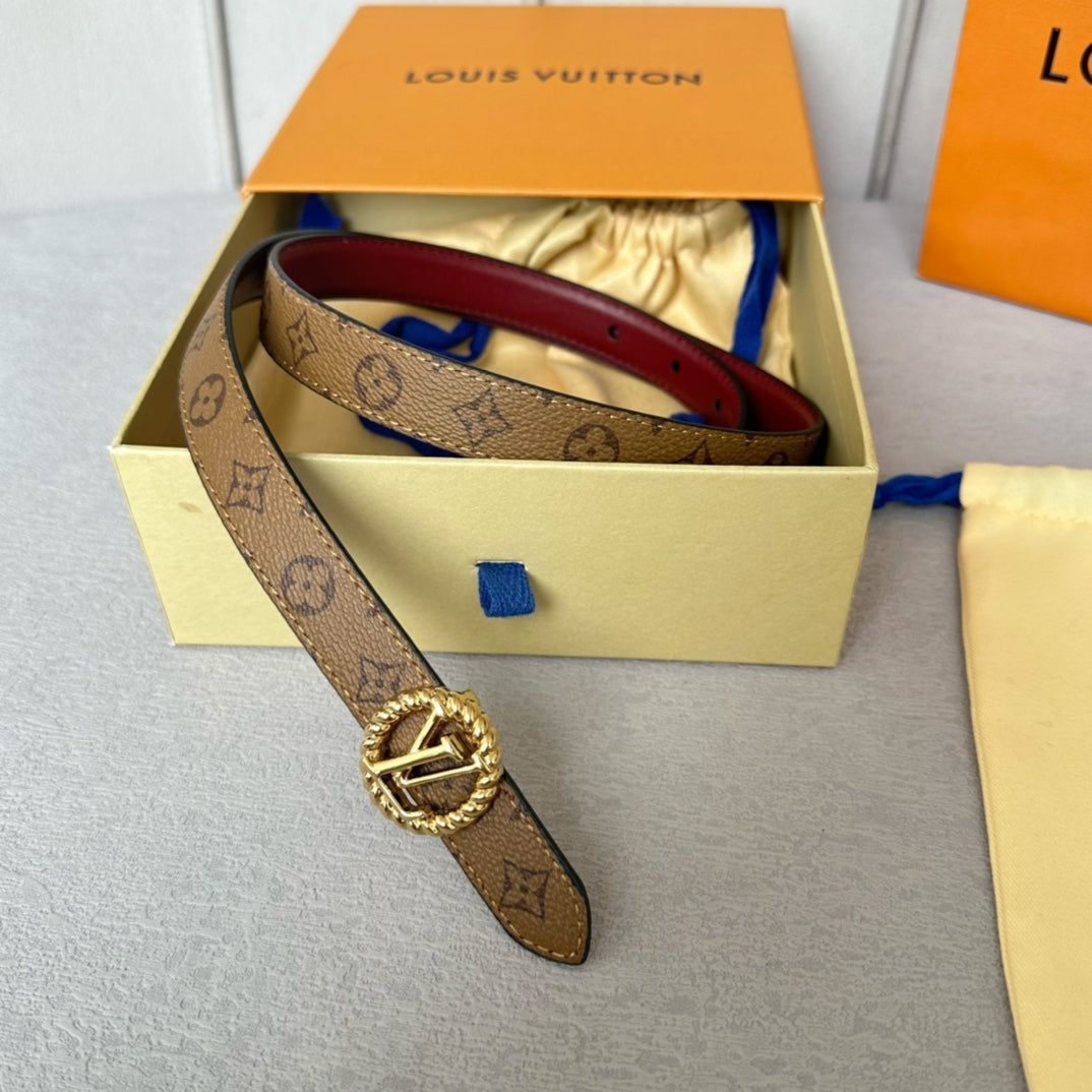 LV Circle Nautical 20mm Reversible Belt Gold Buckle Burgundy Light Brown Lambskin - 30