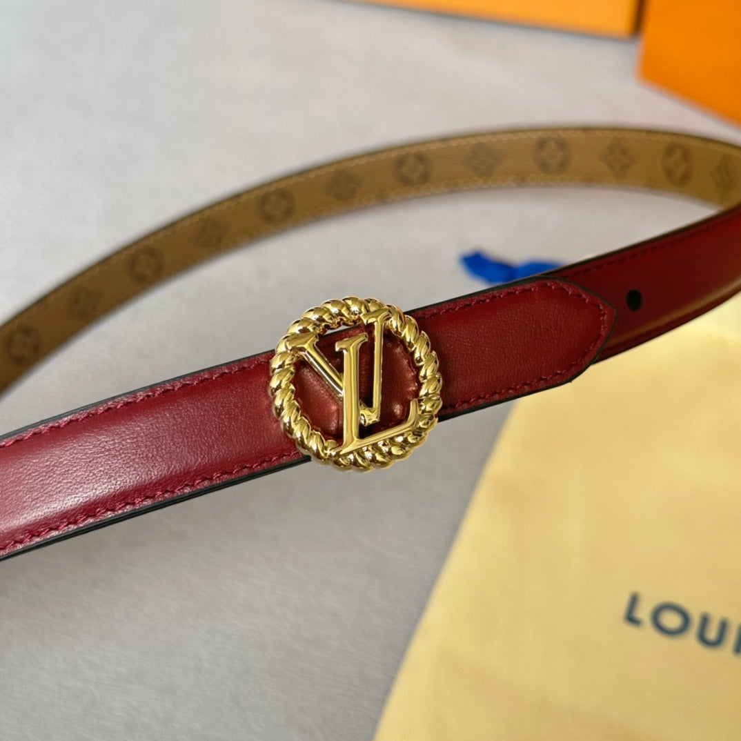 LV Circle Nautical 20mm Reversible Belt Gold Buckle Burgundy Light Brown Lambskin - 30