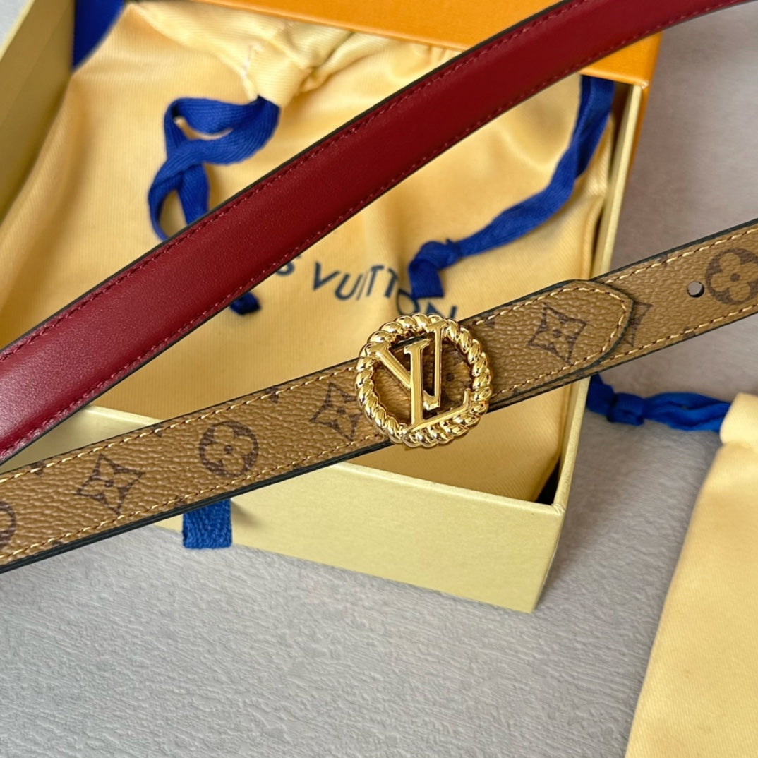 LV Circle Nautical 20mm Reversible Belt Gold Buckle Burgundy Light Brown Lambskin - 30