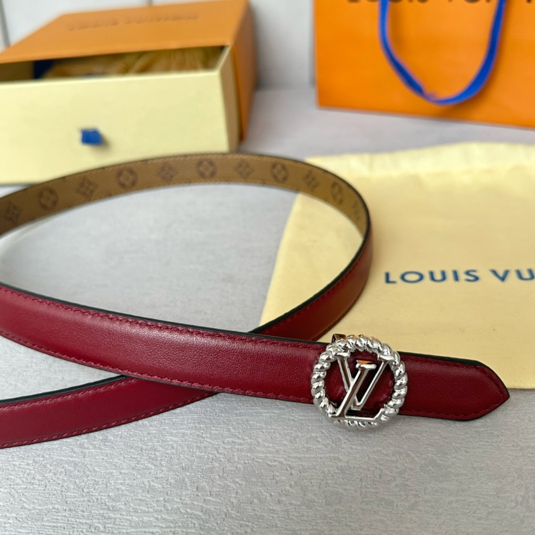 LV Circle Nautical 20mm Reversible Belt Silver Buckle Burgundy Light Brown Lambskin - 30