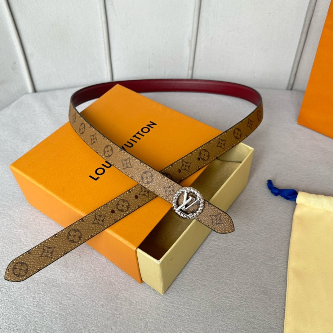 LV Circle Nautical 20mm Reversible Belt Silver Buckle Burgundy Light Brown Lambskin - 30