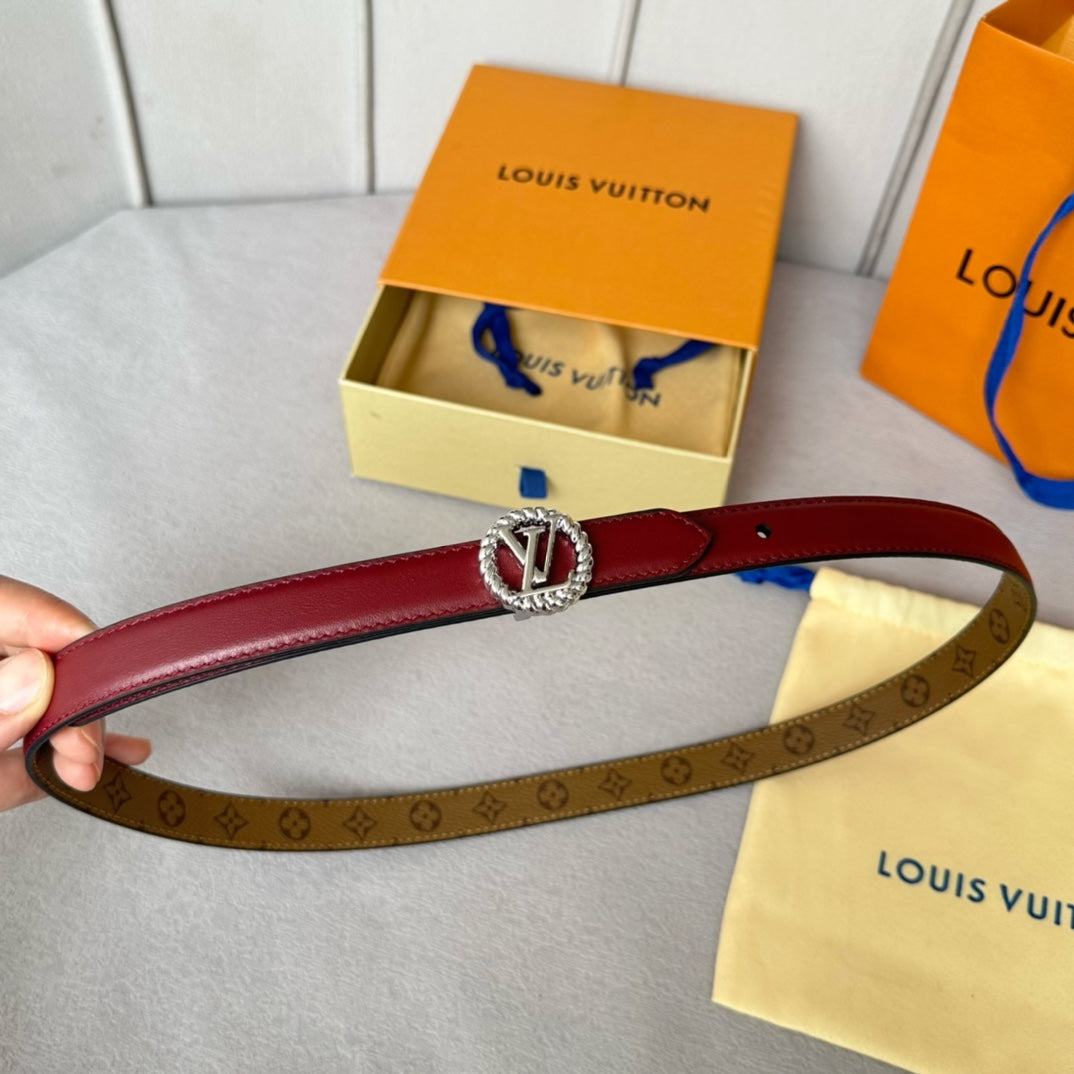 LV Circle Nautical 20mm Reversible Belt Silver Buckle Burgundy Light Brown Lambskin - 30