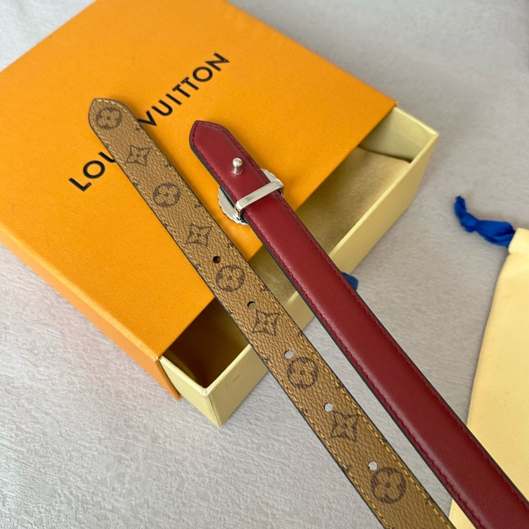 LV Circle Nautical 20mm Reversible Belt Silver Buckle Burgundy Light Brown Lambskin - 30