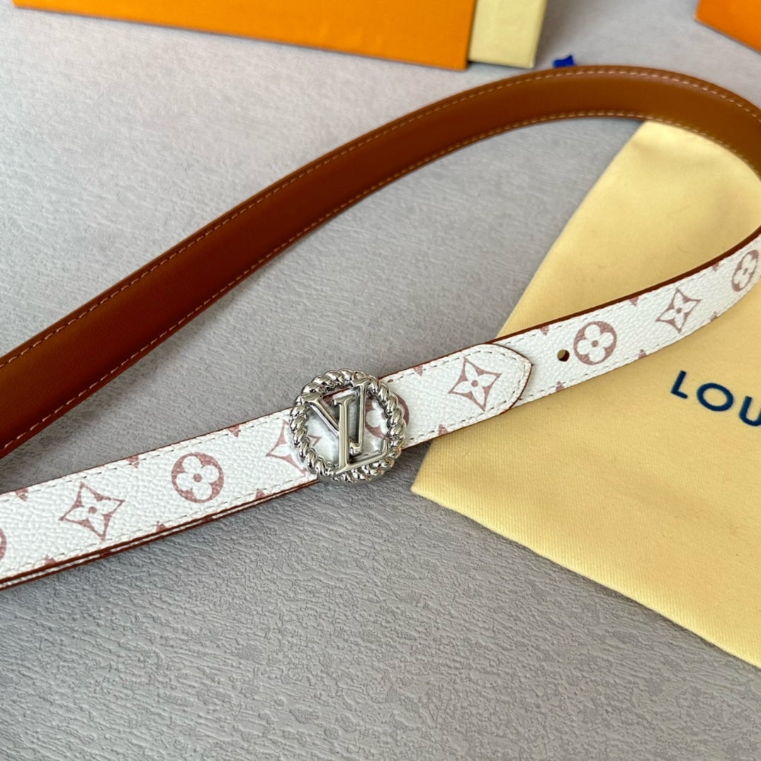 LV Circle Nautical 20mm Reversible Belt Silver Buckle Tan White Lambskin - 30