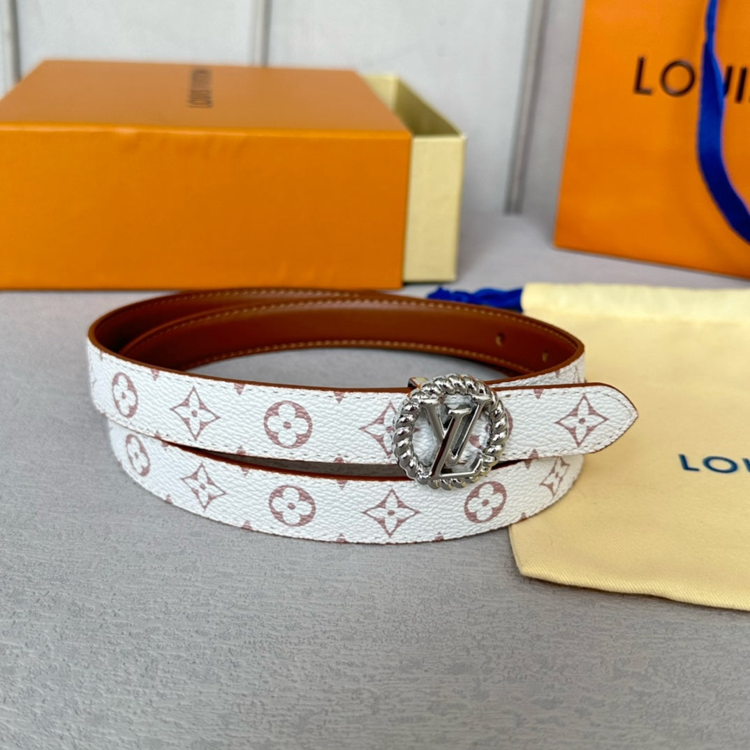 LV Circle Nautical 20mm Reversible Belt Silver Buckle Tan White Lambskin - 30