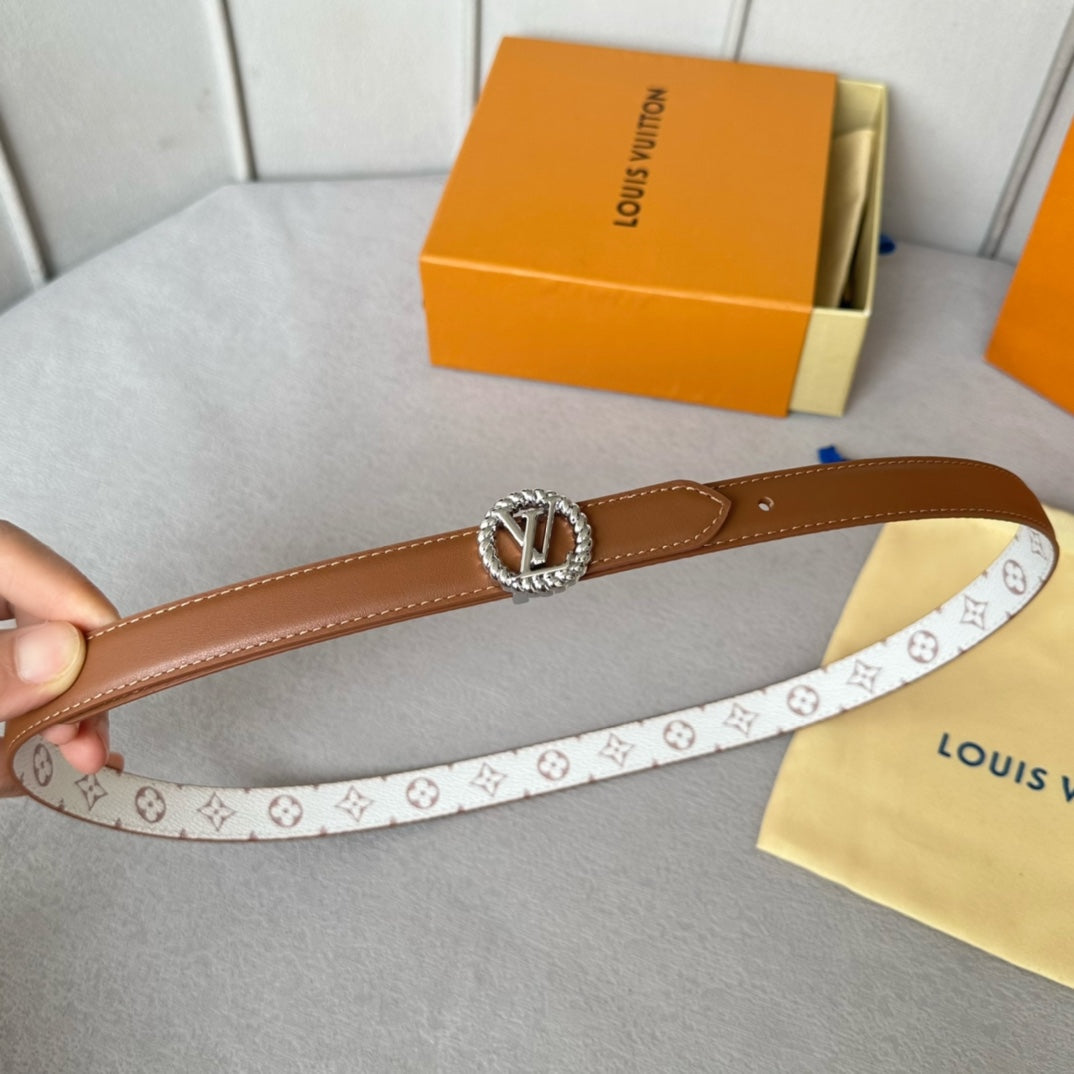 LV Circle Nautical 20mm Reversible Belt Silver Buckle Tan White Lambskin - 30