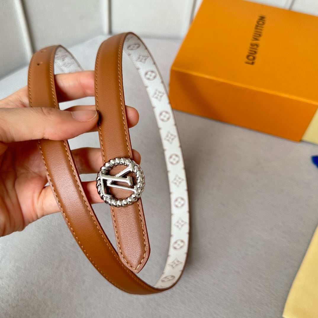 LV Circle Nautical 20mm Reversible Belt Silver Buckle Tan White Lambskin - 30