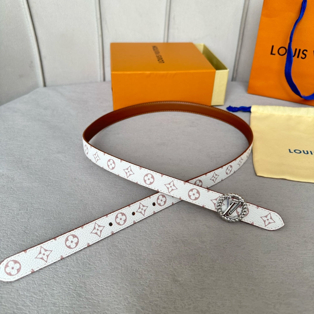 LV Circle Nautical 20mm Reversible Belt Silver Buckle Tan White Lambskin - 30