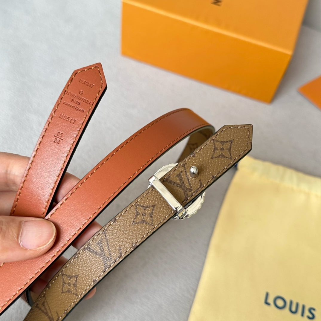 LV Circle Nautical 20mm Reversible Belt Silver Buckle Tan Light Brown Lambskin - 30