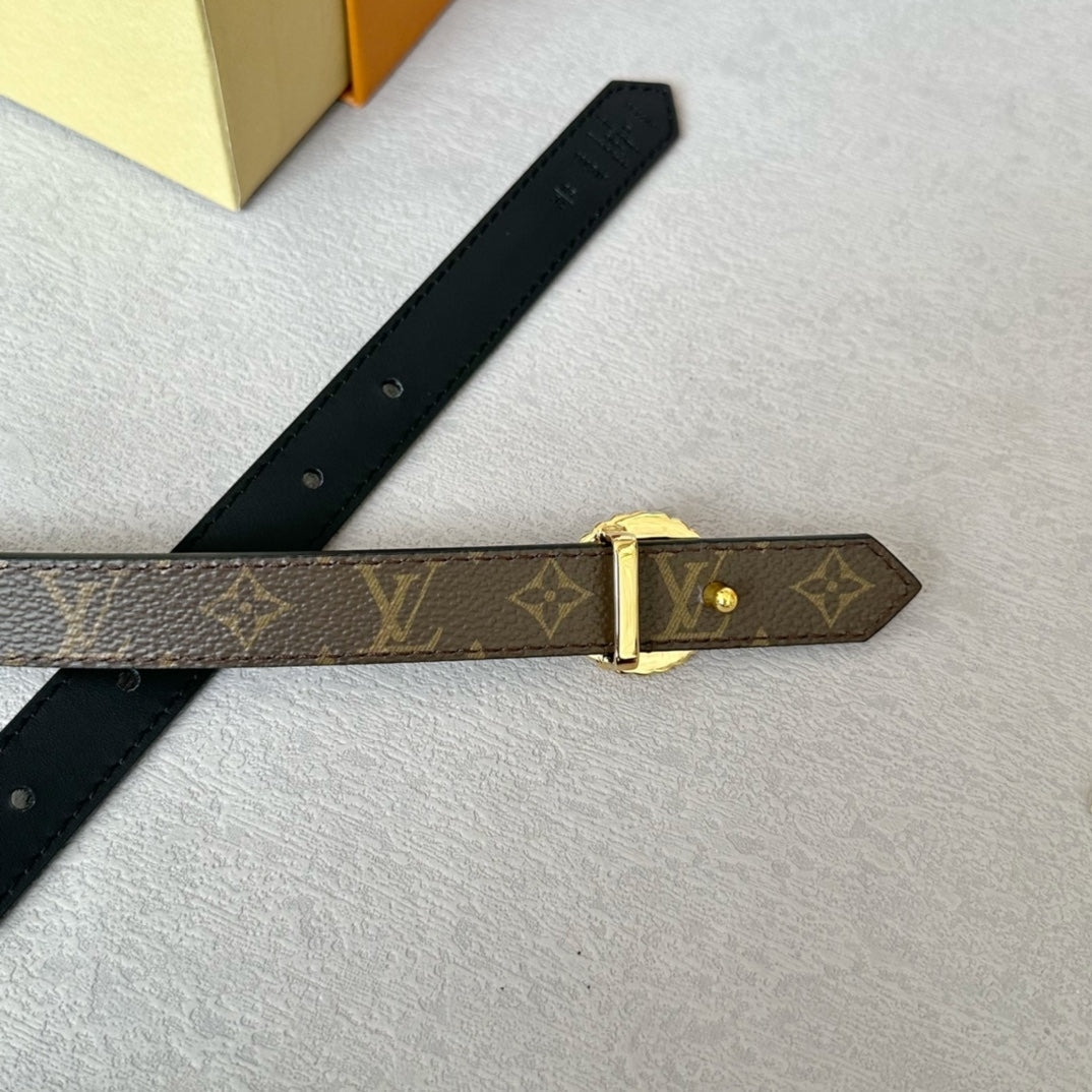 LV Circle Nautical 20mm Reversible Belt Gold Buckle Black Brown Lambskin - 30