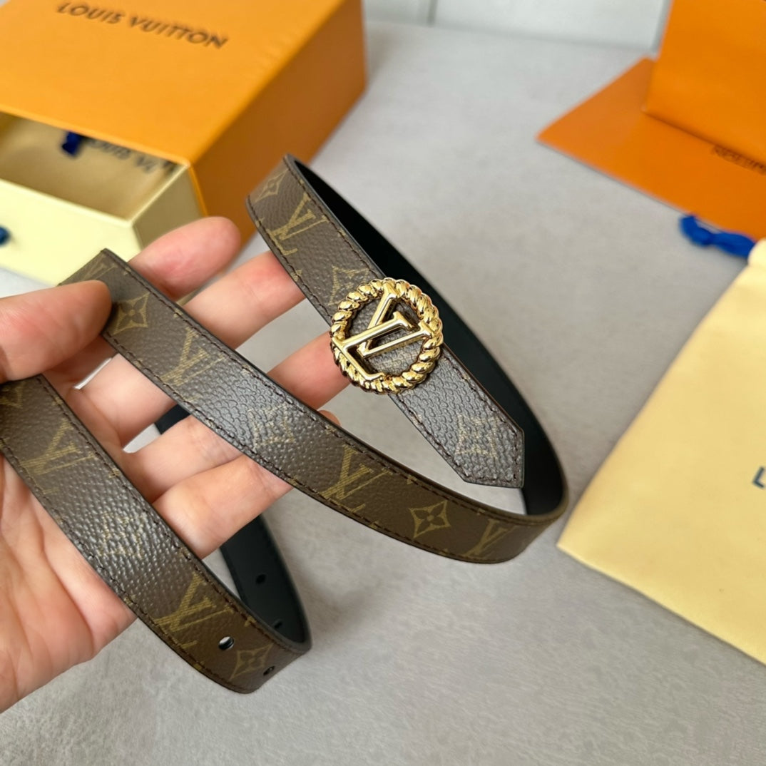 LV Circle Nautical 20mm Reversible Belt Gold Buckle Black Brown Lambskin - 30