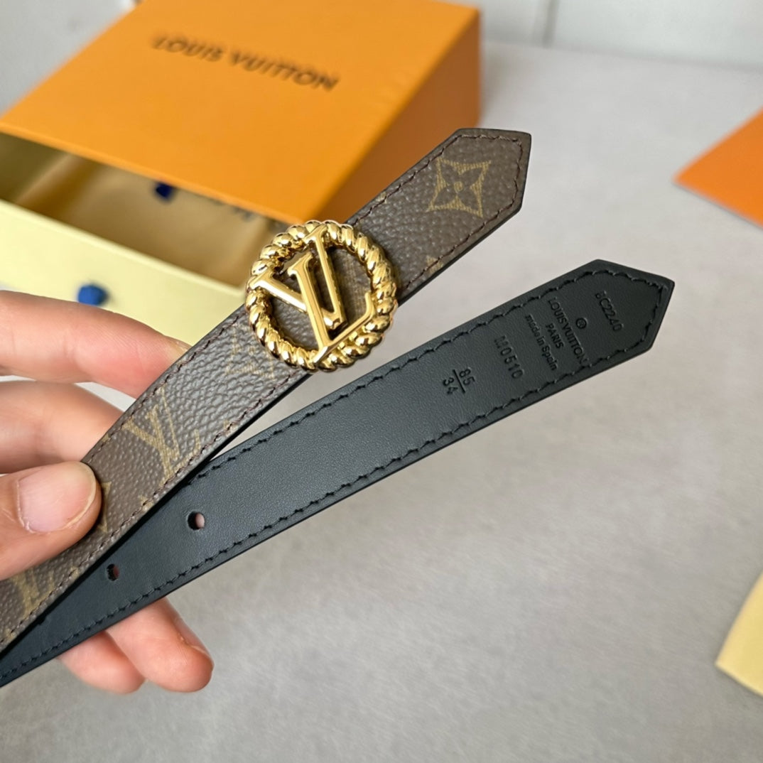 LV Circle Nautical 20mm Reversible Belt Gold Buckle Black Brown Lambskin - 30
