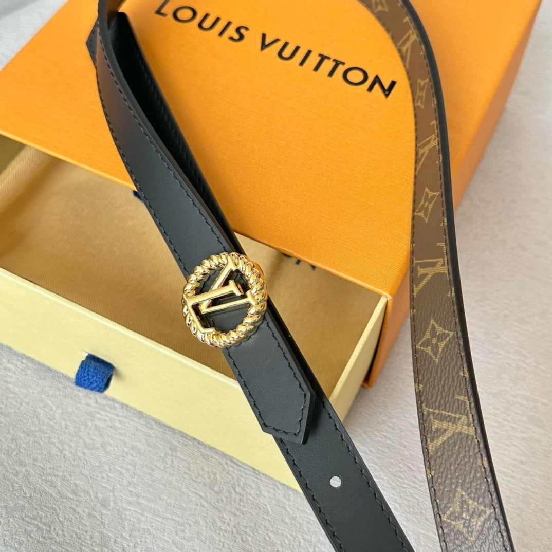 LV Circle Nautical 20mm Reversible Belt Gold Buckle Black Brown Lambskin - 30