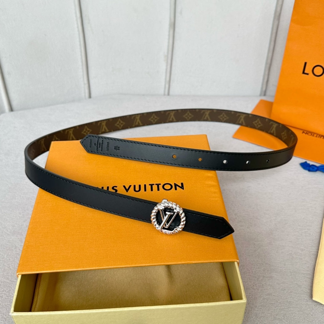 LV Circle Nautical 20mm Reversible Belt Silver Buckle Black Brown Lambskin - 30