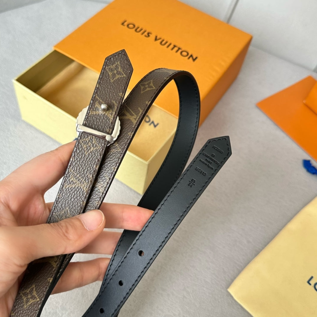 LV Circle Nautical 20mm Reversible Belt Silver Buckle Black Brown Lambskin - 30