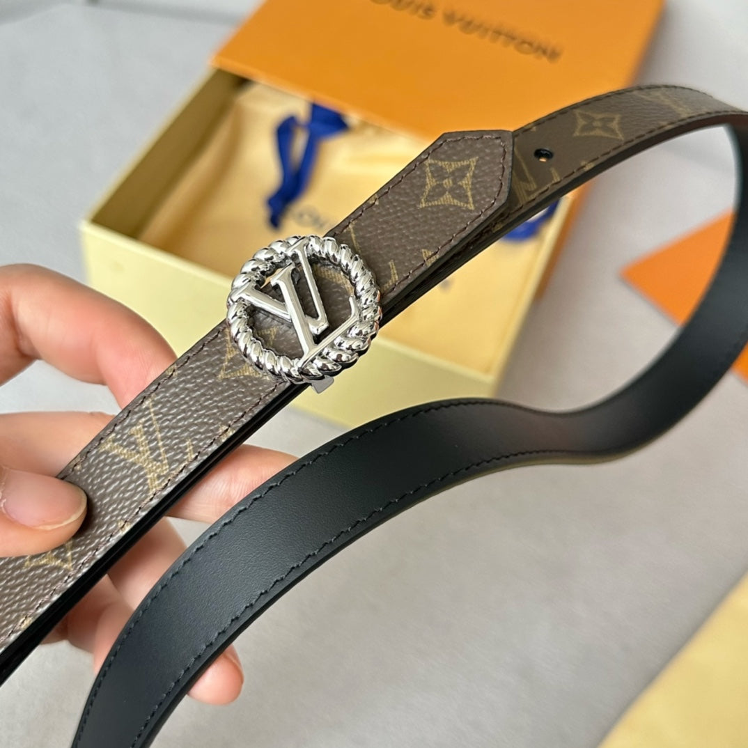 LV Circle Nautical 20mm Reversible Belt Silver Buckle Black Brown Lambskin - 30