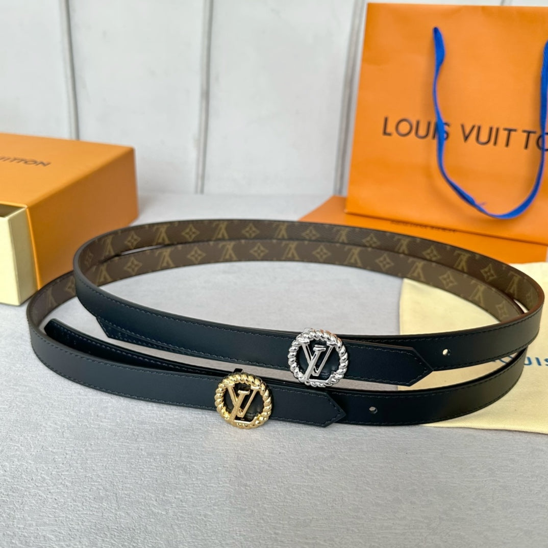 LV Circle Nautical 20mm Reversible Belt Silver Buckle Black Brown Lambskin - 30