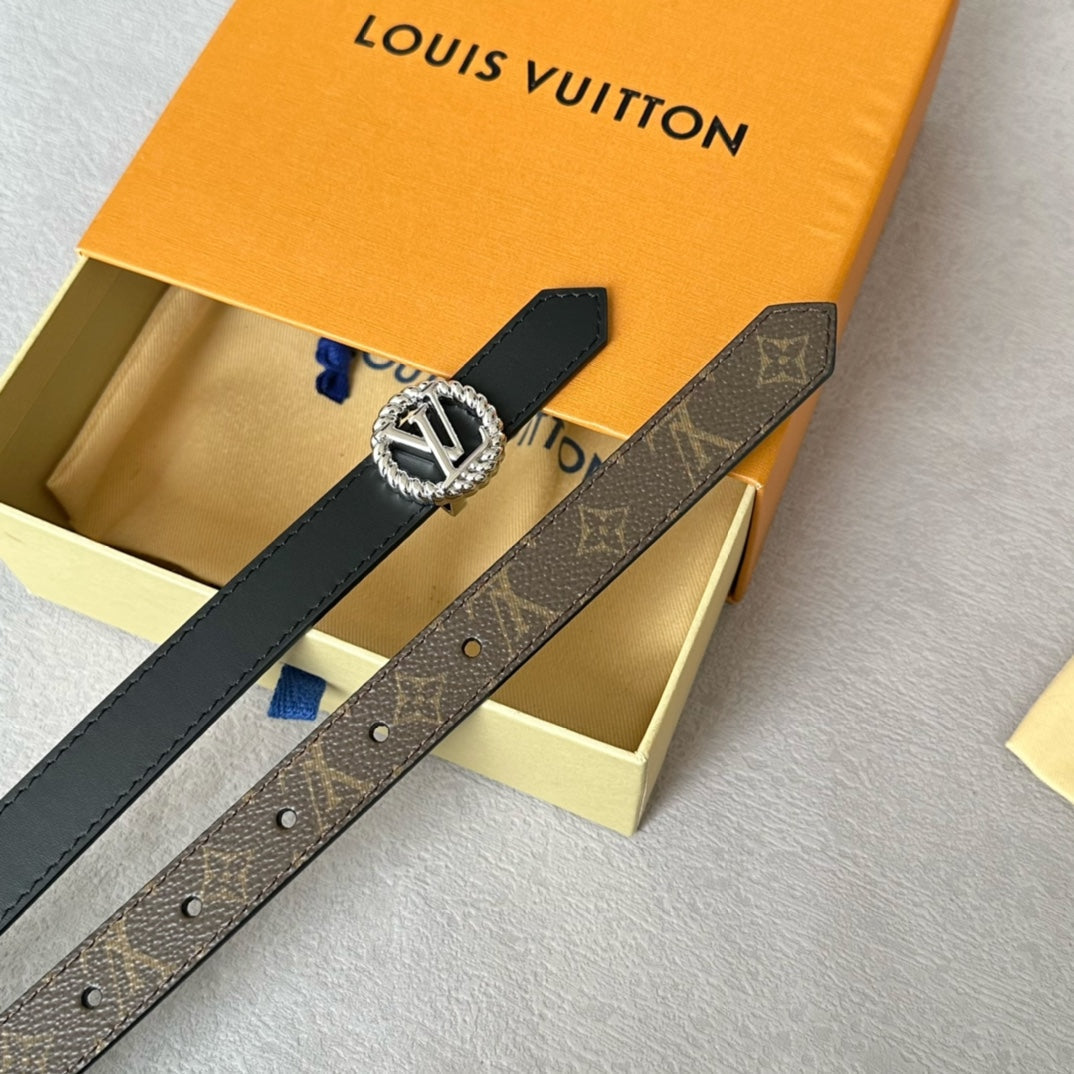 LV Circle Nautical 20mm Reversible Belt Silver Buckle Black Brown Lambskin - 30