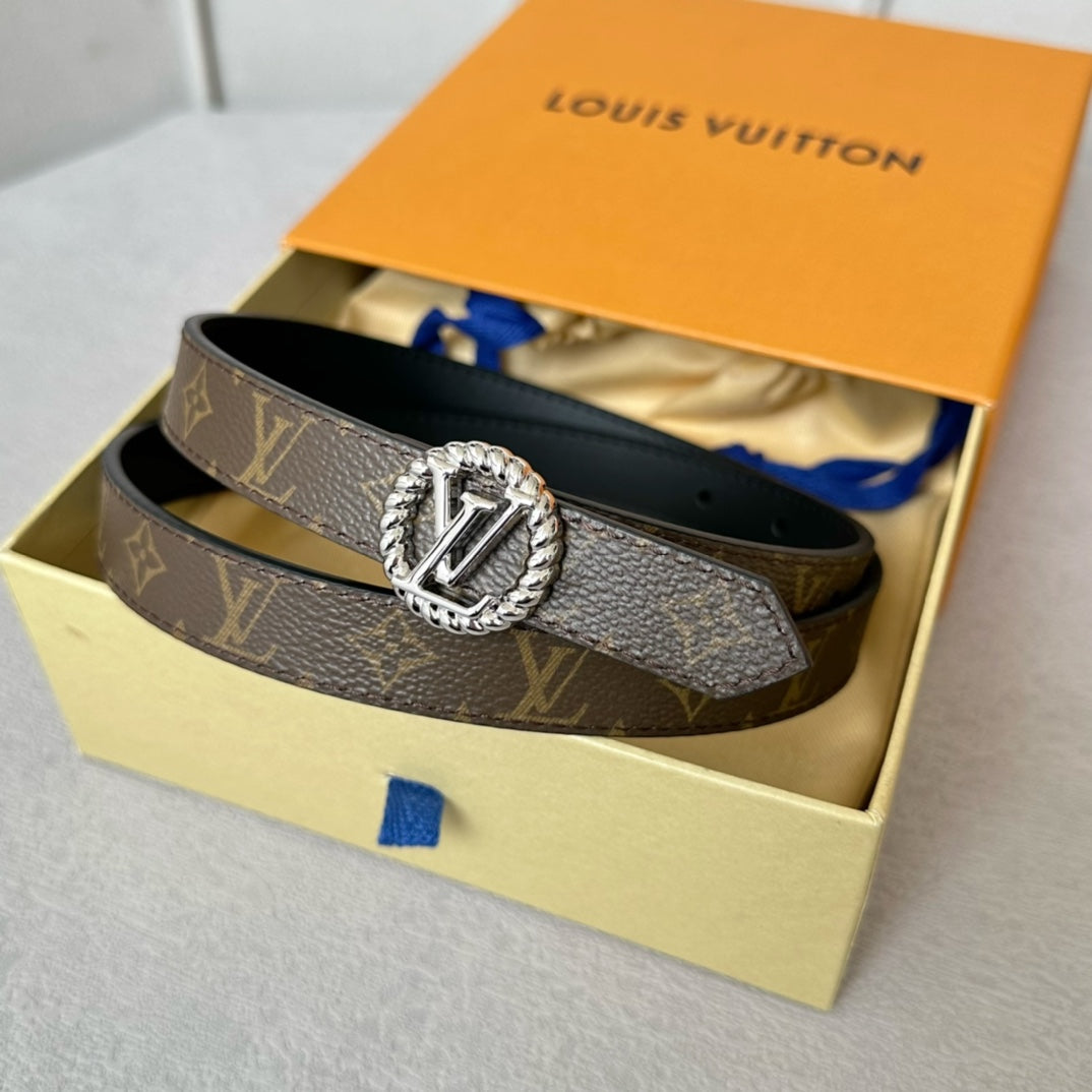 LV Circle Nautical 20mm Reversible Belt Silver Buckle Black Brown Lambskin - 30